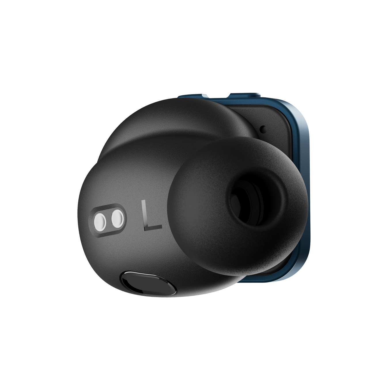 Close-up of a single blue MW09 True Wireless Earphone shown from the side that faces in when worn, featuring the ear tip and sensors | gallery MW09BL4