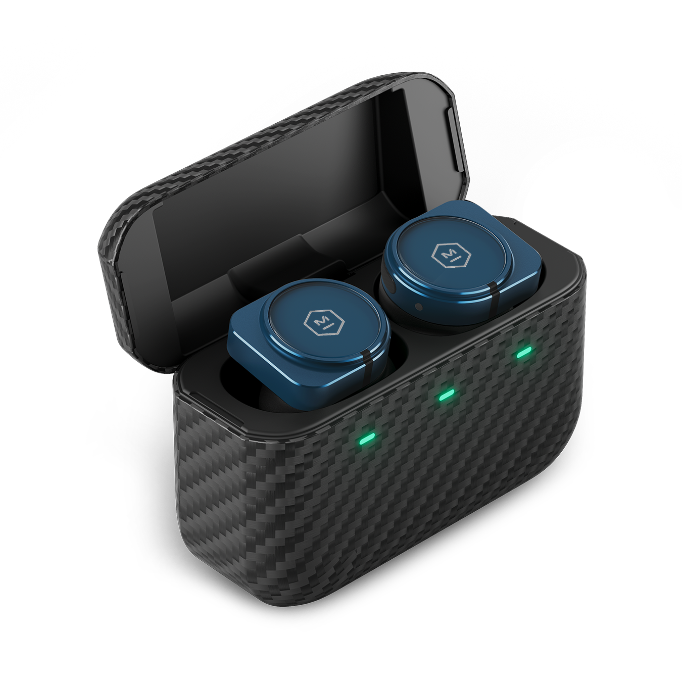 A pair of blue MW09 True Wireless Earphones inside an open Kevlar charging case | gallery MW09BL4