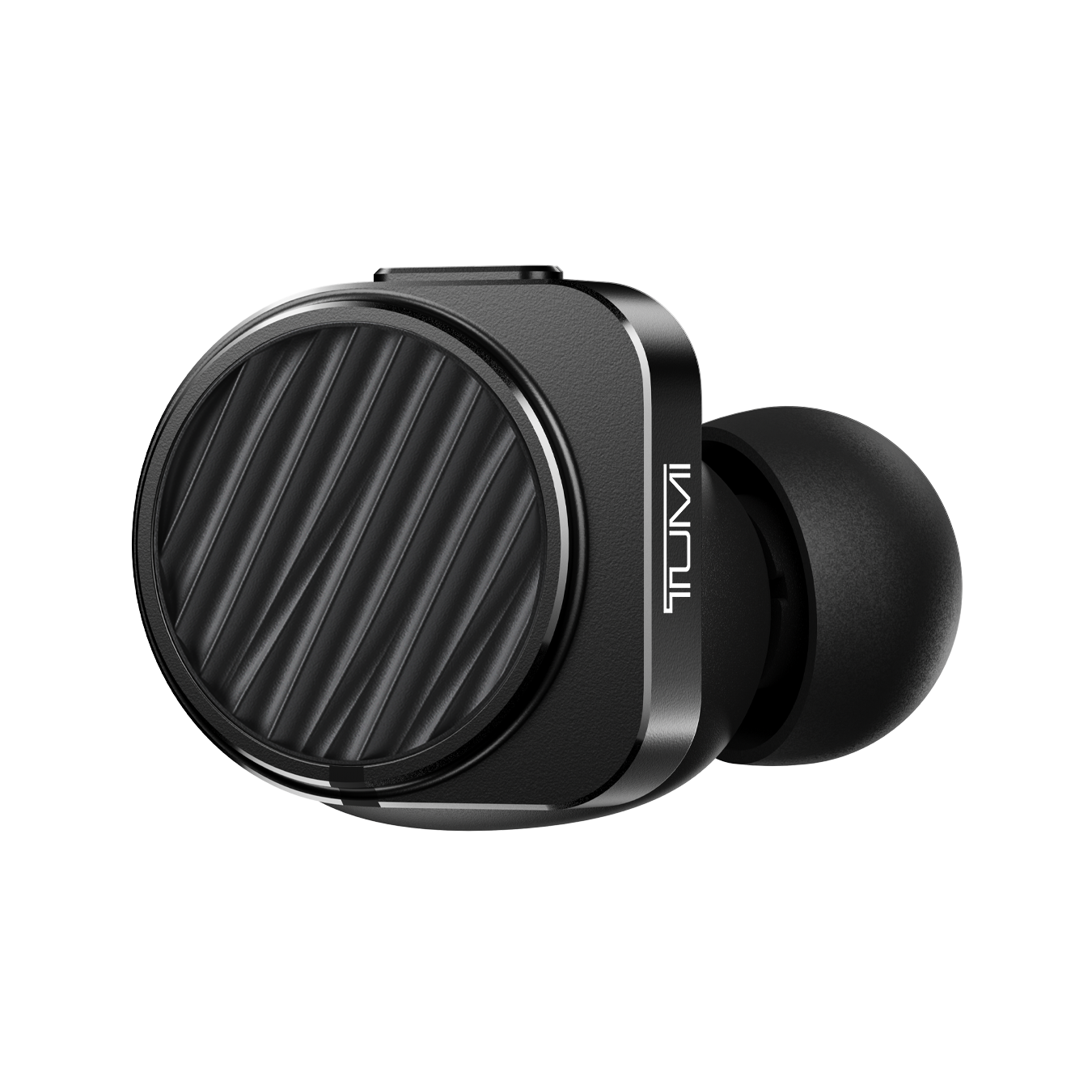 Close-up of a single black TUMI MW09 True Wireless Earphone shown from the side that faces out when worn | gallery MW09B-TUMI
