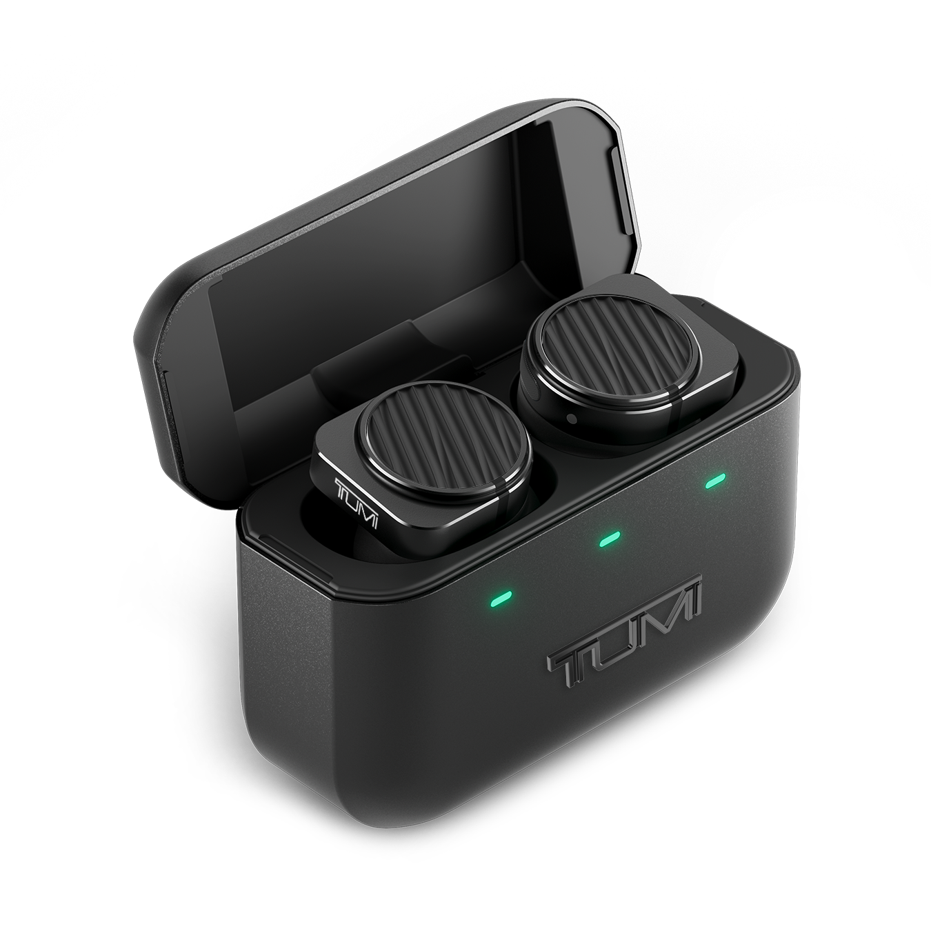 A pair of black TUMI MW09 True Wireless Earphones inside an open black charging case | gallery MW09B-TUMI