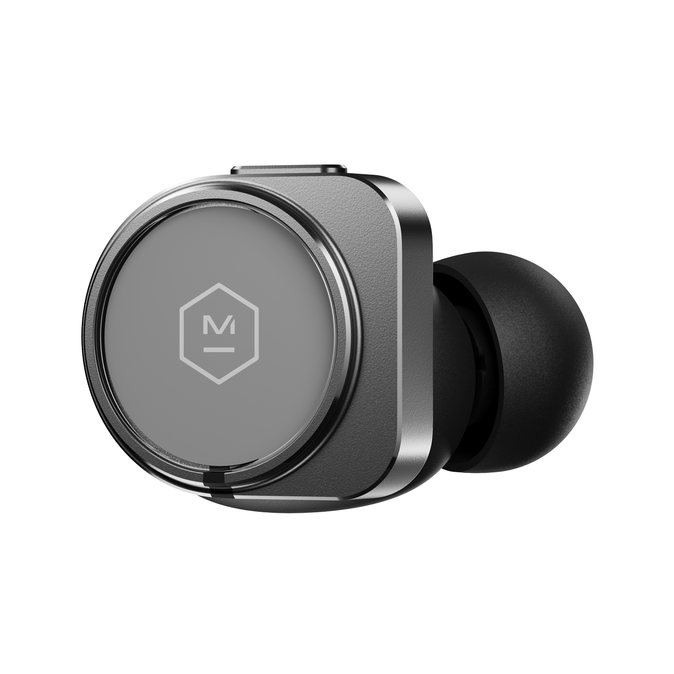 Close-up of a single gunmetal MW09 True Wireless Earphone shown from the side that faces out when worn | gallery MW09G3