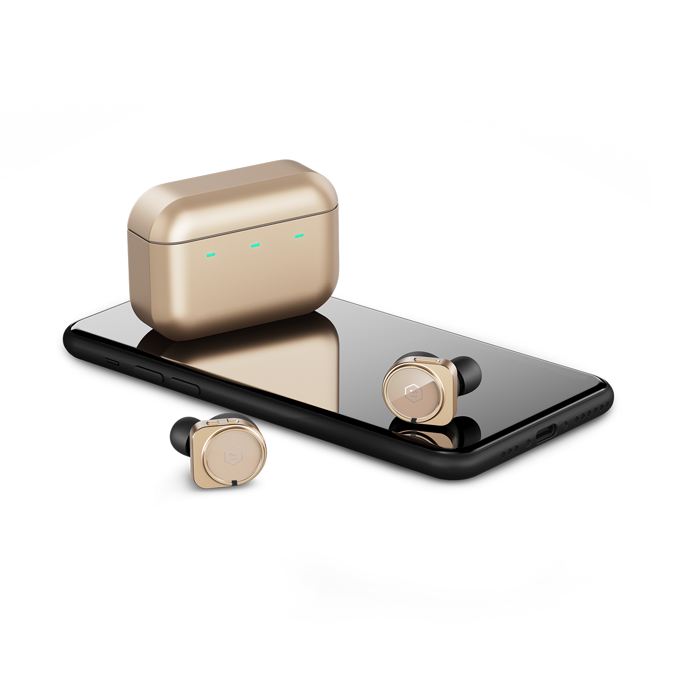 Pair of black MW09 True Wireless Earphones and black charging case next to a black cell phone for scale | gallery MW09GD10
