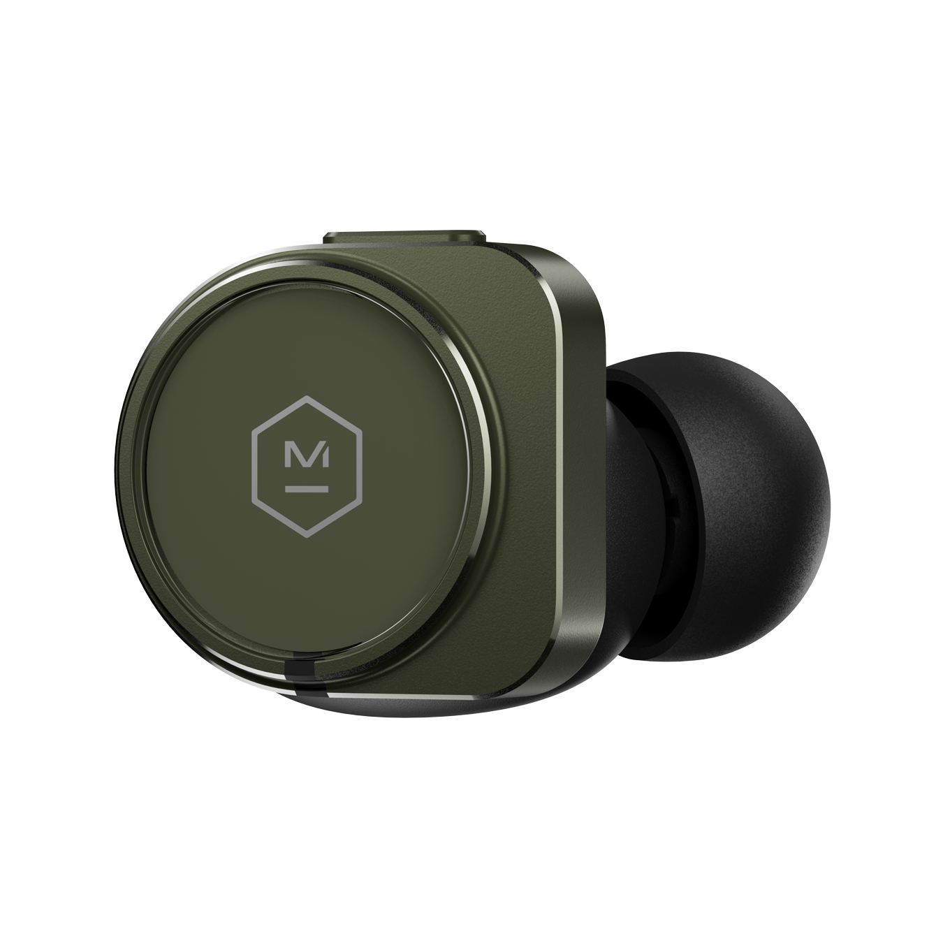 Close-up of a single green MW09 True Wireless Earphone shown from the side that faces out when worn | gallery MW09GR9