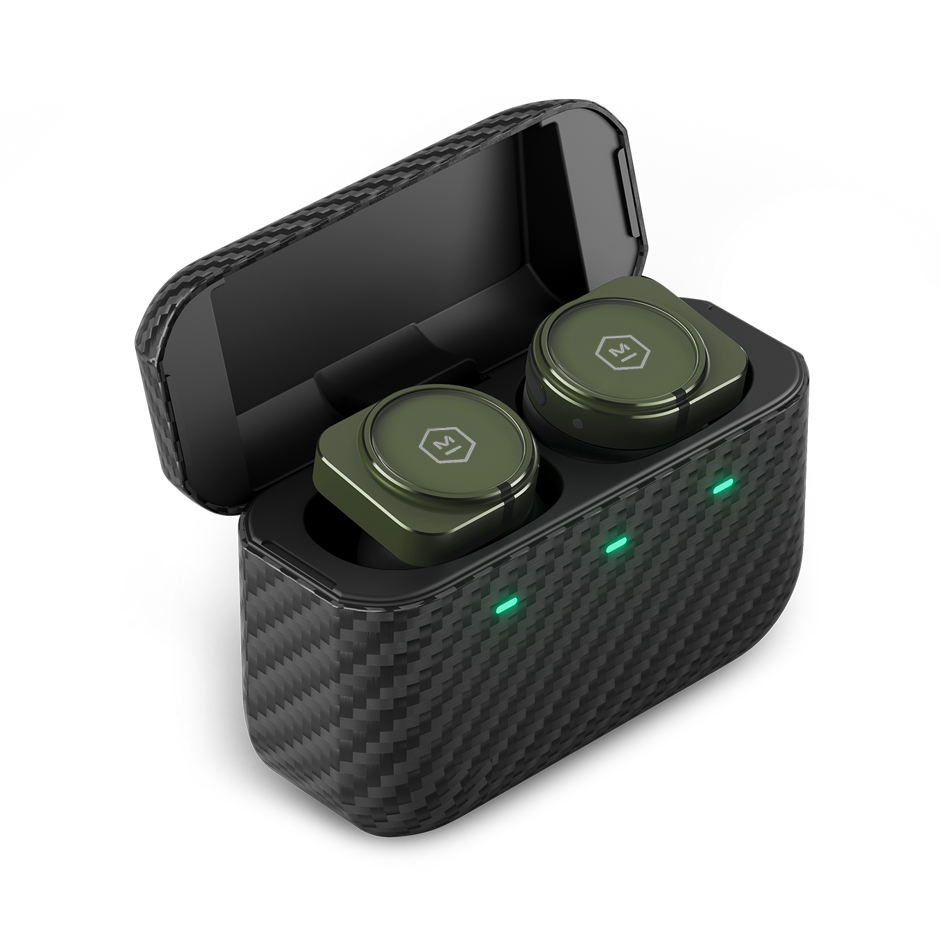A pair of green MW09 True Wireless Earphones inside an open Kevlar charging case | gallery MW09GR9