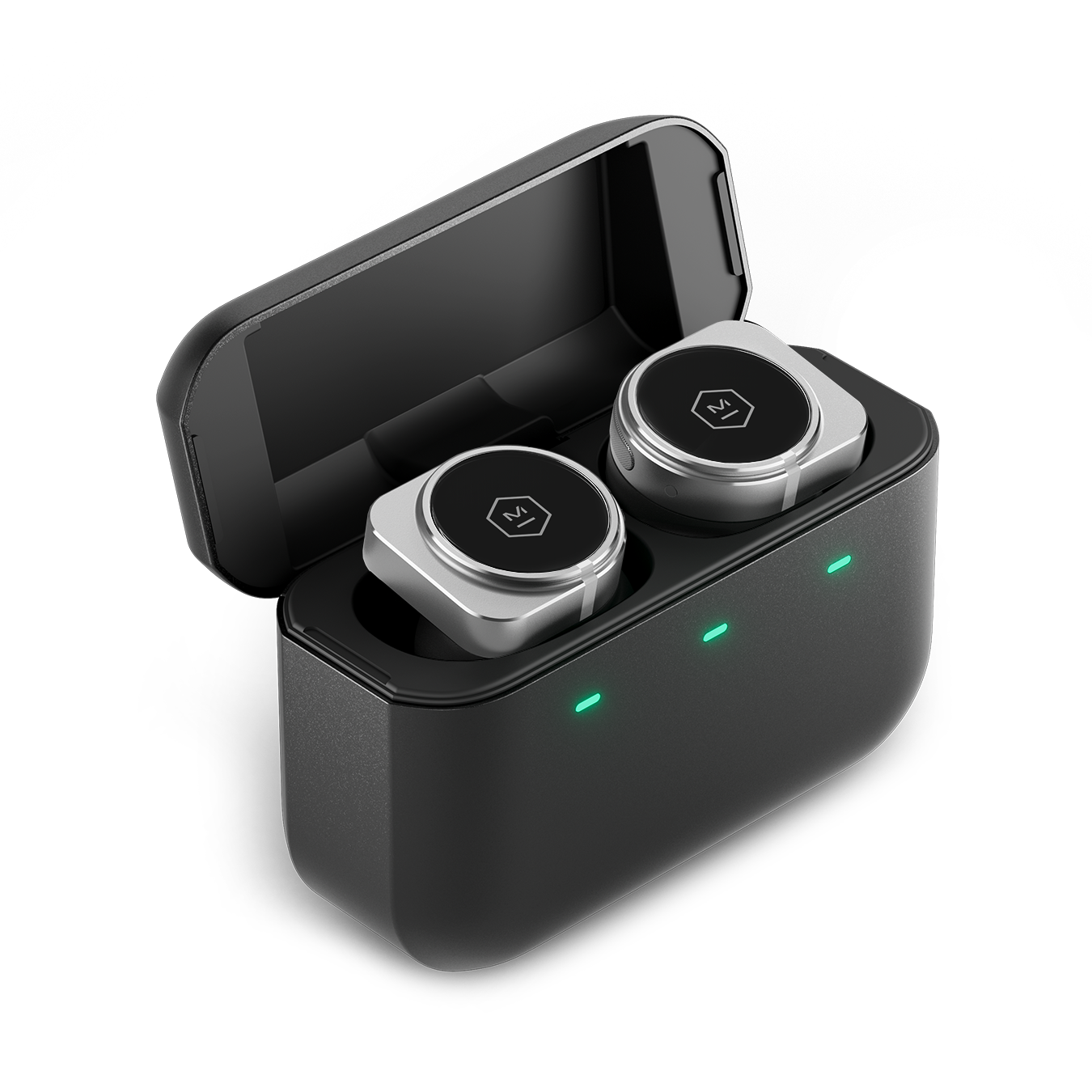 A pair of silver and black MW09 True Wireless Earphones inside an open black charging case | gallery MW09S1