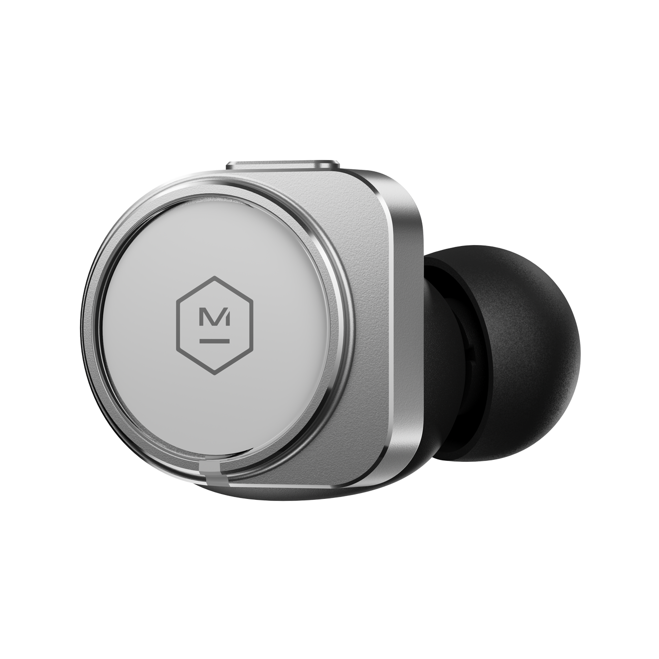 Close-up of a single silver and white MW09 True Wireless Earphone shown from the side that faces out when worn | gallery MW09S5