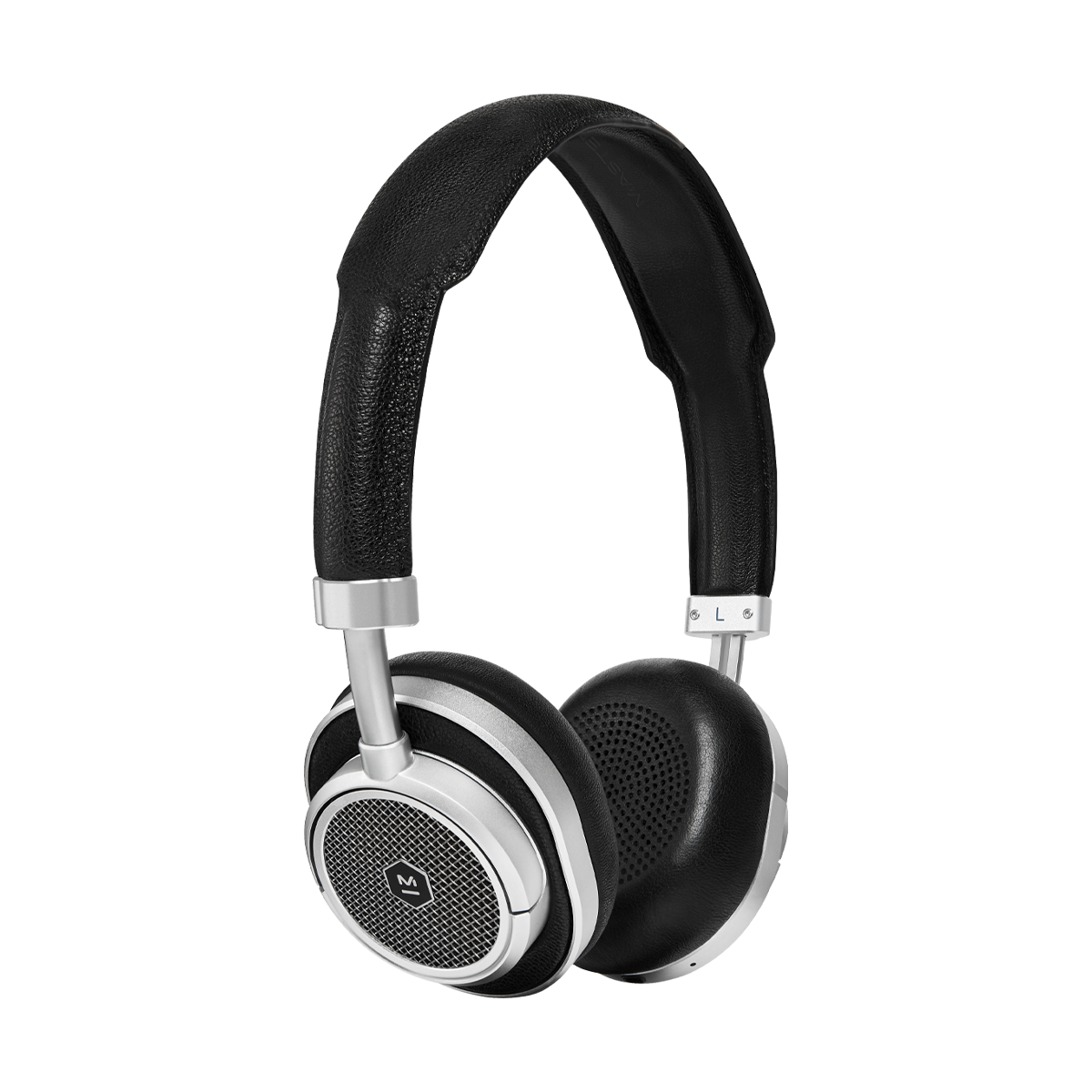 3/4 view of MW50+ 2-in-1 Wireless Headphones with on-ear earpads in silver aluminum and black leather | gallery MW50S1+
