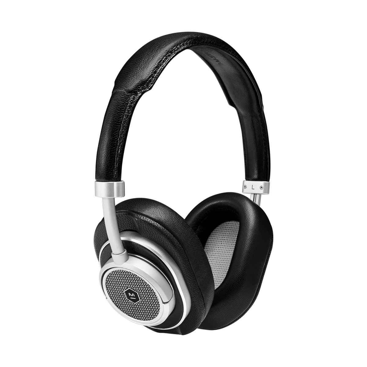 3/4 view of MW50+ 2-in-1 Wireless Headphones with over-ear earpads in silver aluminum and black leather | gallery MW50S1+