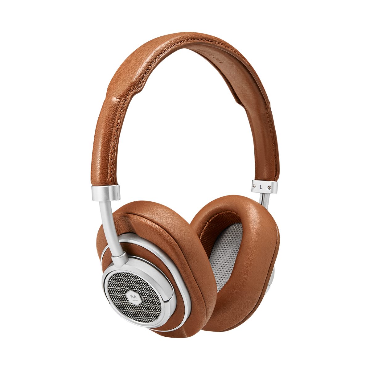 3/4 view of MW50+ 2-in-1 Wireless Headphones with over-ear earpads in silver aluminum and brown leather | gallery MW50S2+