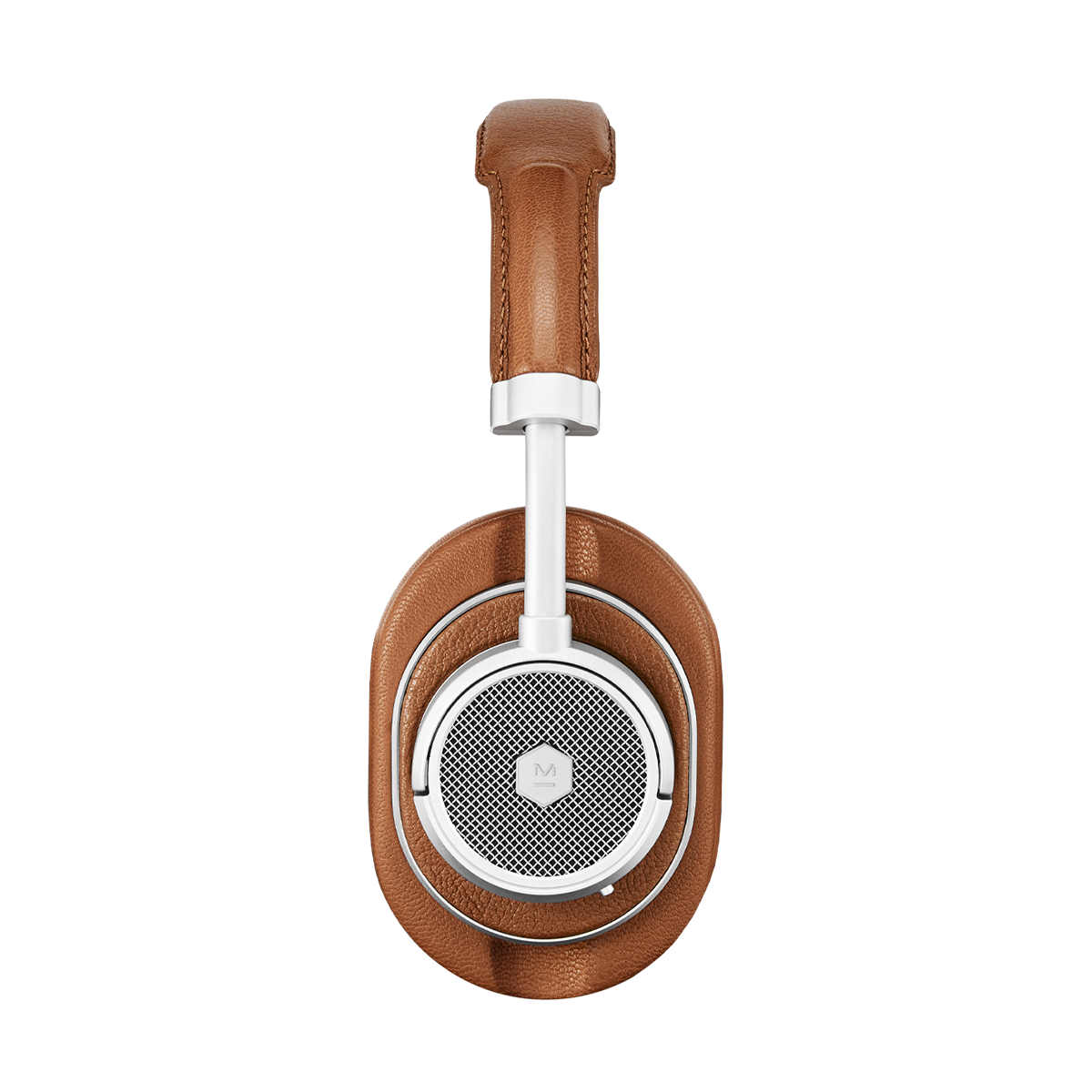 Side profile view of MW50+ 2-in-1 Wireless Headphones with over-ear earpads in silver aluminum and brown leather | gallery MW50S2+