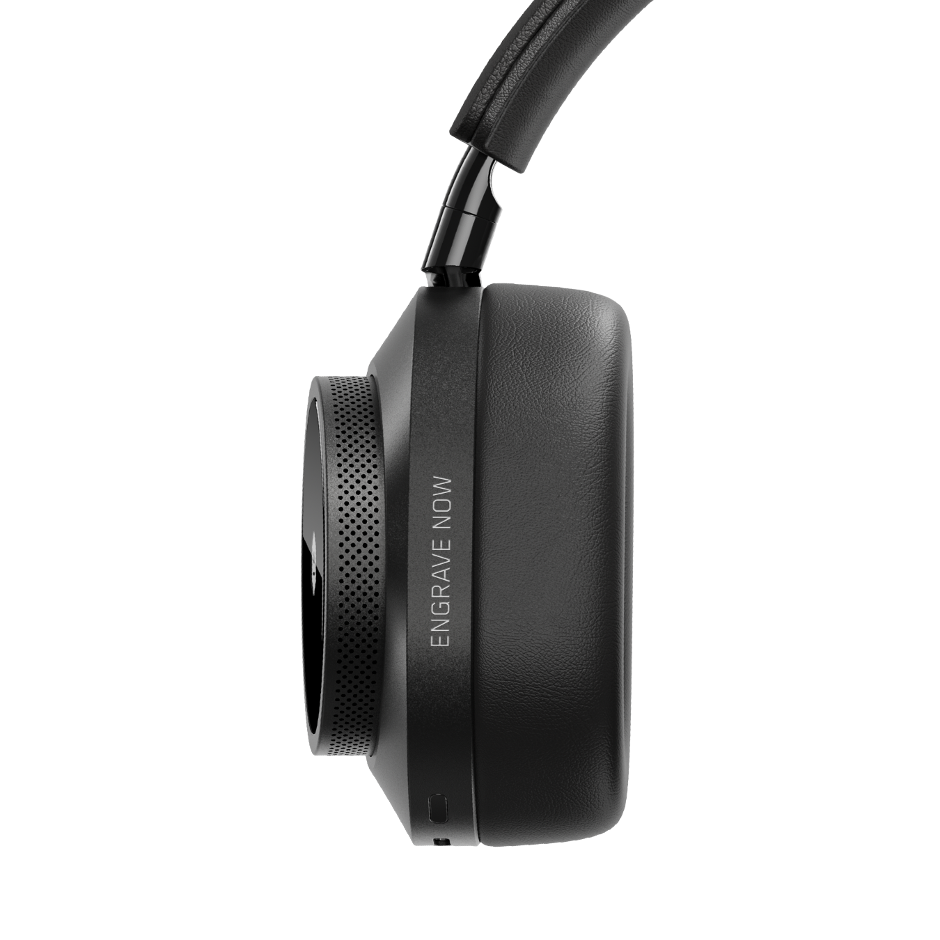 Close-up of black MW75 Active Noise-Cancelling Headphones showing ear cup with custom engraving that reads "ENGRAVE NOW" | gallery MW75B1