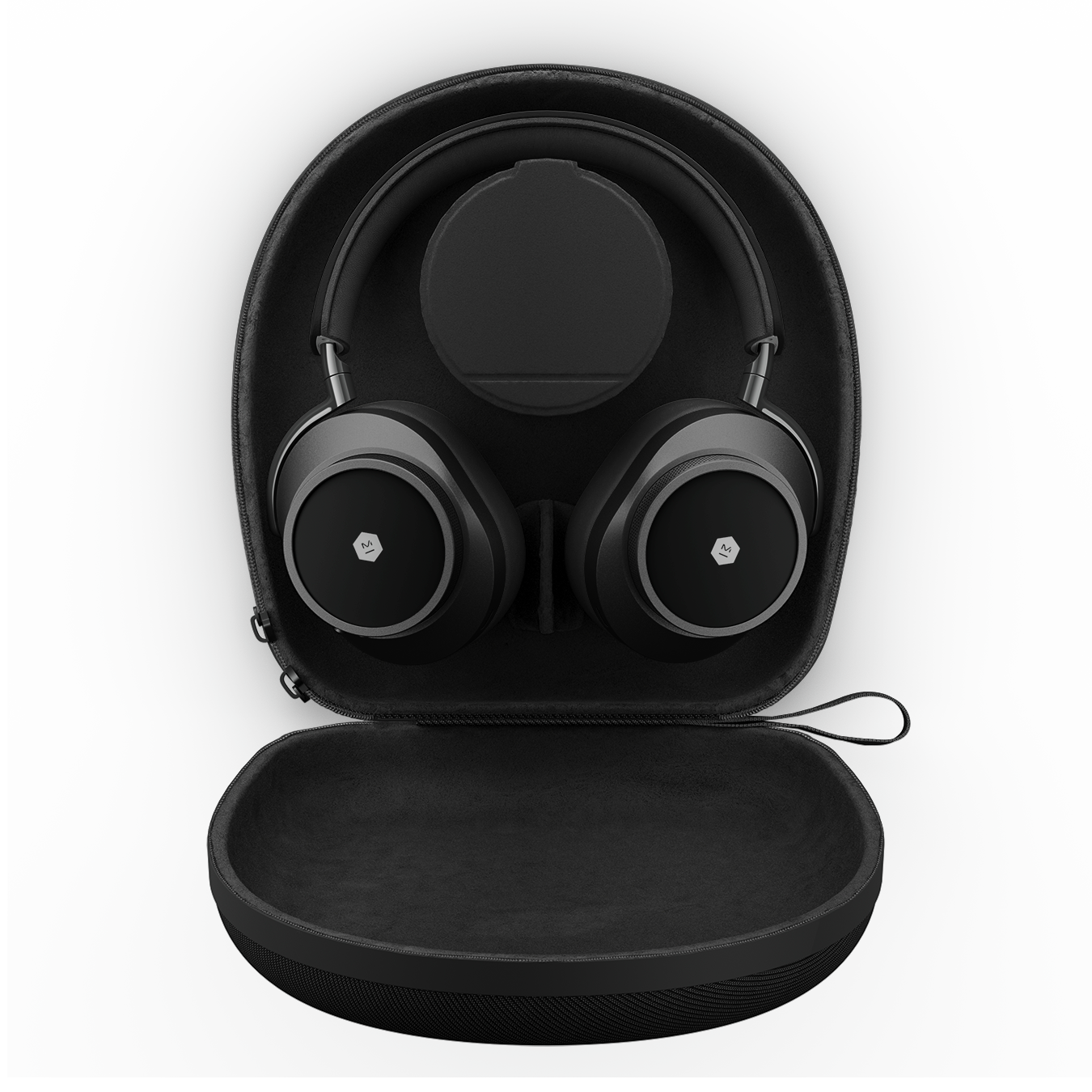 Black MW75 Active Noise-Cancelling Headphones shown inside an open black hard shell carrying case with black accessories container | gallery MW75B1