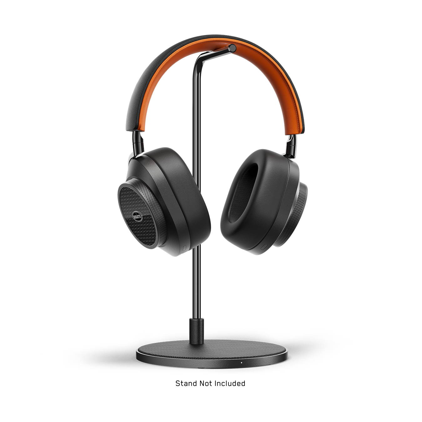 Black and orange BUGATTI MW75 Active Noise-Cancelling Headphones placed on a black headphone stand | gallery MW75BGT1