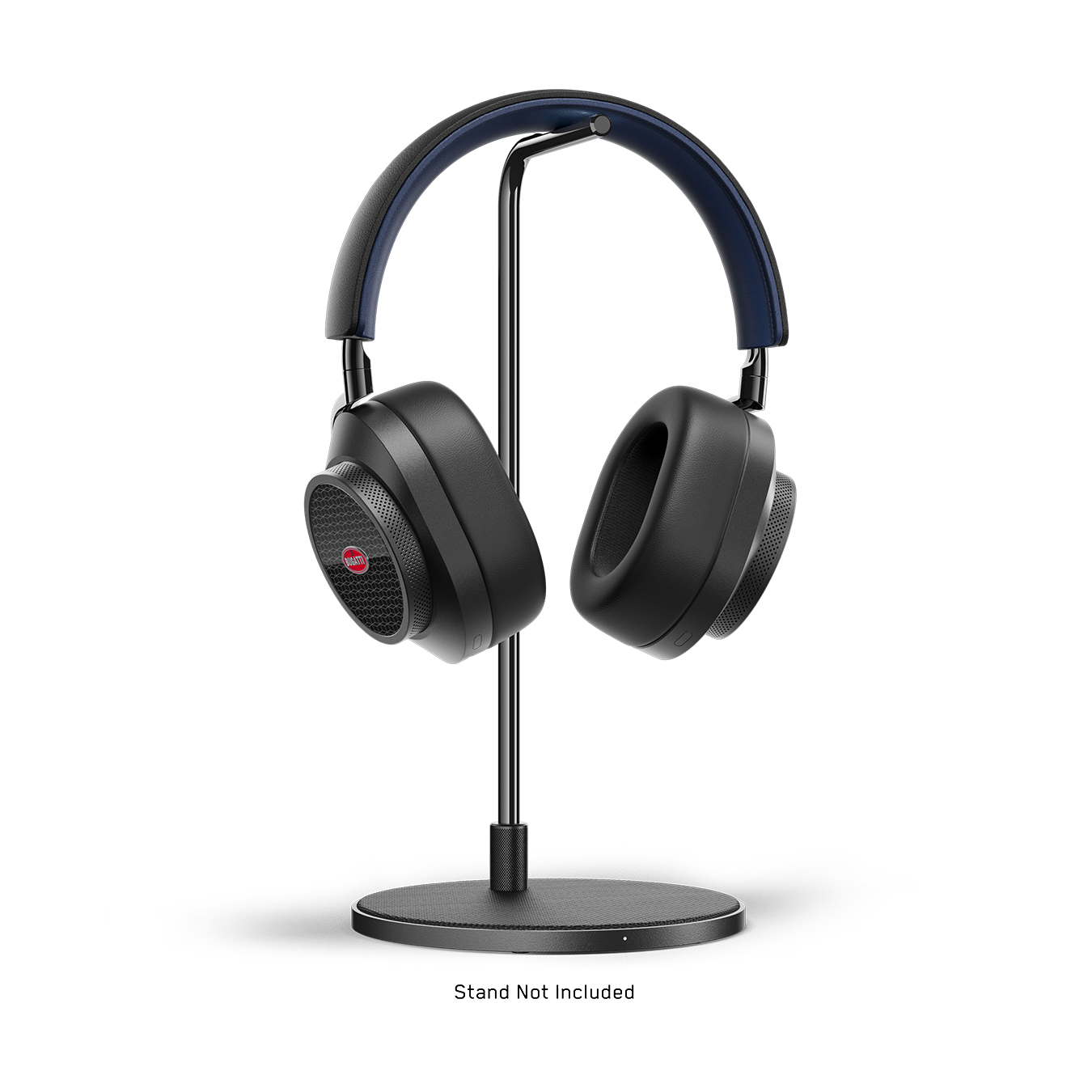 Black and navy BUGATTI MW75 Active Noise-Cancelling Headphones placed on a black headphone stand | gallery MW75BGT2