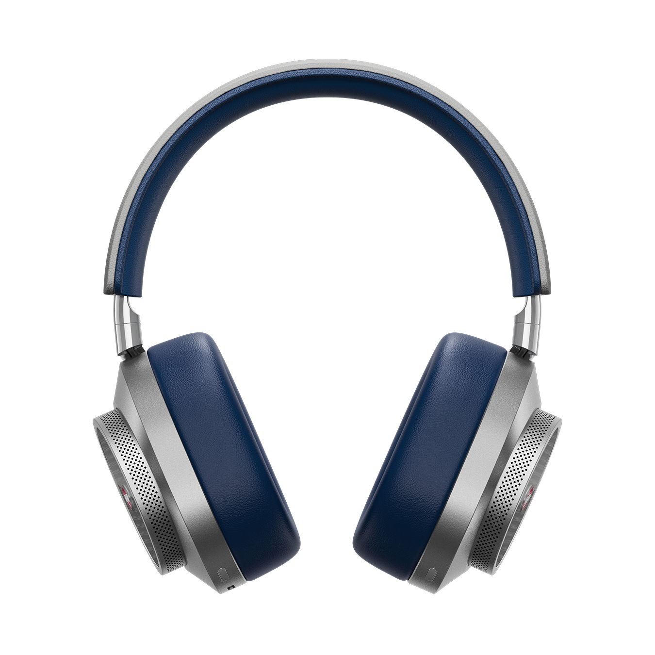 Front view of silver and navy BUGATTI MW75 Active Noise-Cancelling Wireless Headphones showing inner headband and ear pads | gallery MW75BGT3