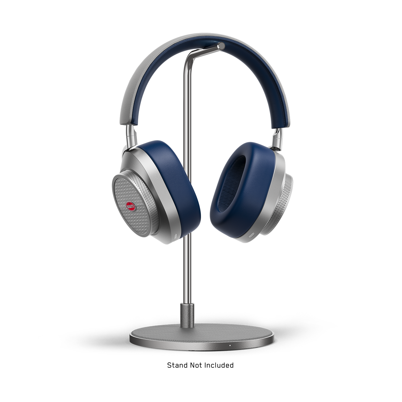 Silver and navy BUGATTI MW75 Active Noise-Cancelling Headphones placed on a silver headphone stand | gallery MW75BGT3