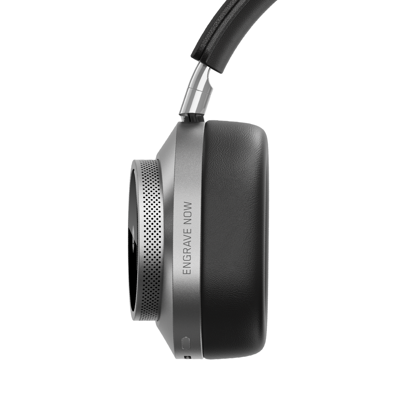 Close-up of silver and black MW75 Active Noise-Cancelling Headphones showing ear cup with custom engraving that reads "ENGRAVE NOW" | gallery MW75S1