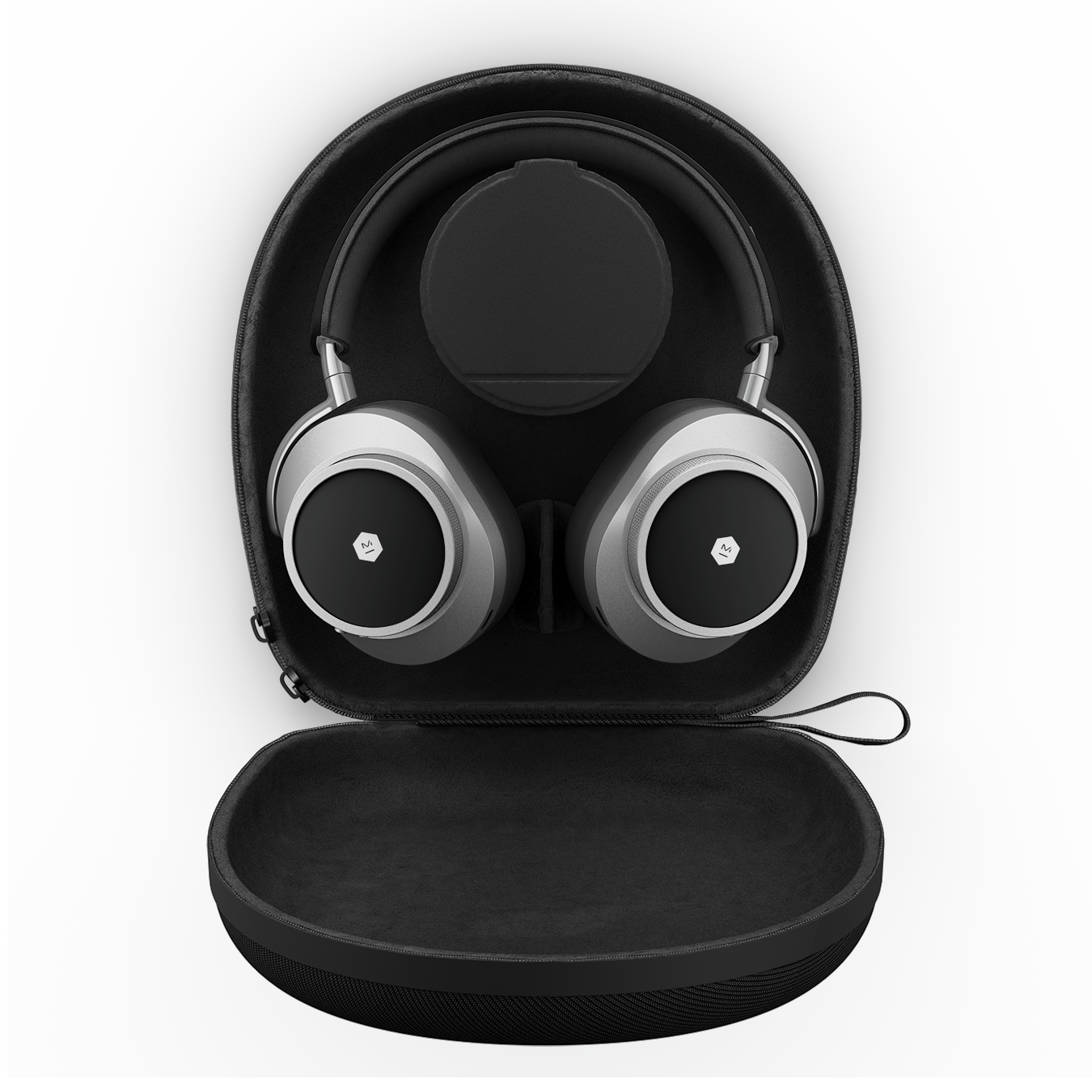 Silver and black MW75 Active Noise-Cancelling Headphones shown inside an open black hard shell carrying case with black accessories container | gallery MW75S1