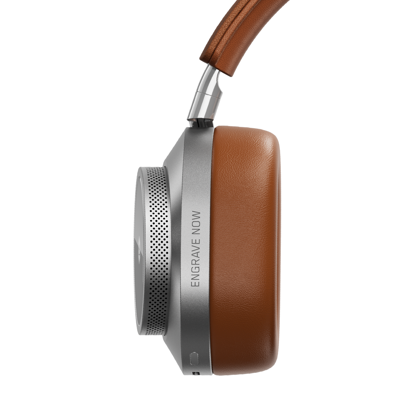 Close-up of silver and brown MW75 Active Noise-Cancelling Headphones showing ear cup with custom engraving that reads "ENGRAVE NOW" | gallery MW75S2