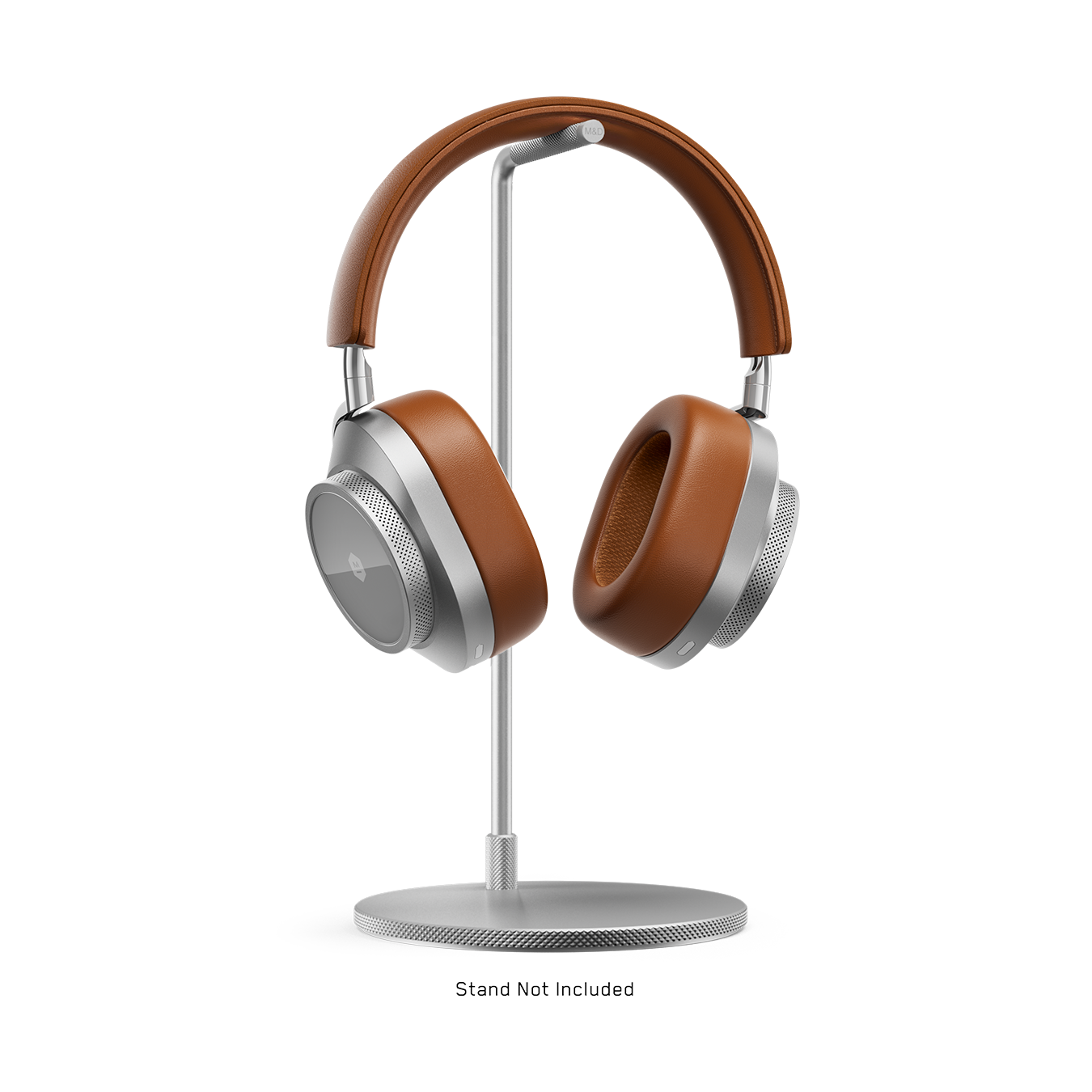 Silver and metal MW75 Active Noise-Cancelling Headphones placed on a silver headphone stand | gallery MW75S2
