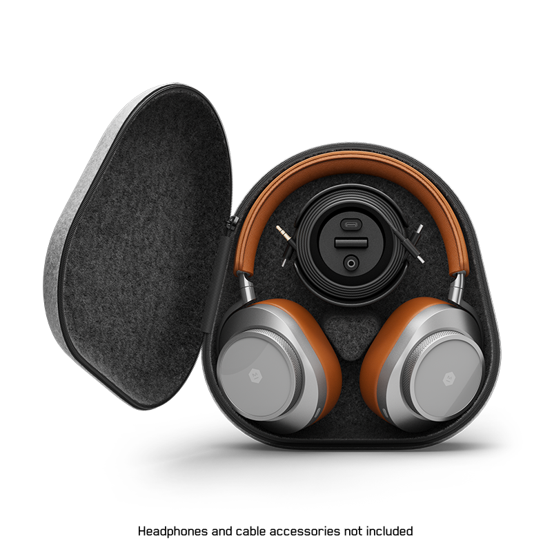 Silver and brown MW75 Active Noise-Cancelling Headphones shown inside an open grey hard shell felt carrying case with black accessories container | gallery RP02001GRY
