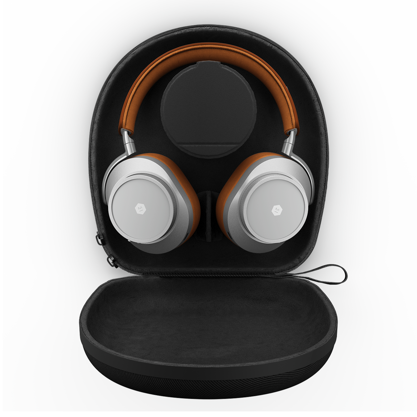 Silver and brown MW75 Active Noise-Cancelling Headphones shown inside an open black hard shell carrying case with black accessories container | gallery MW75S2