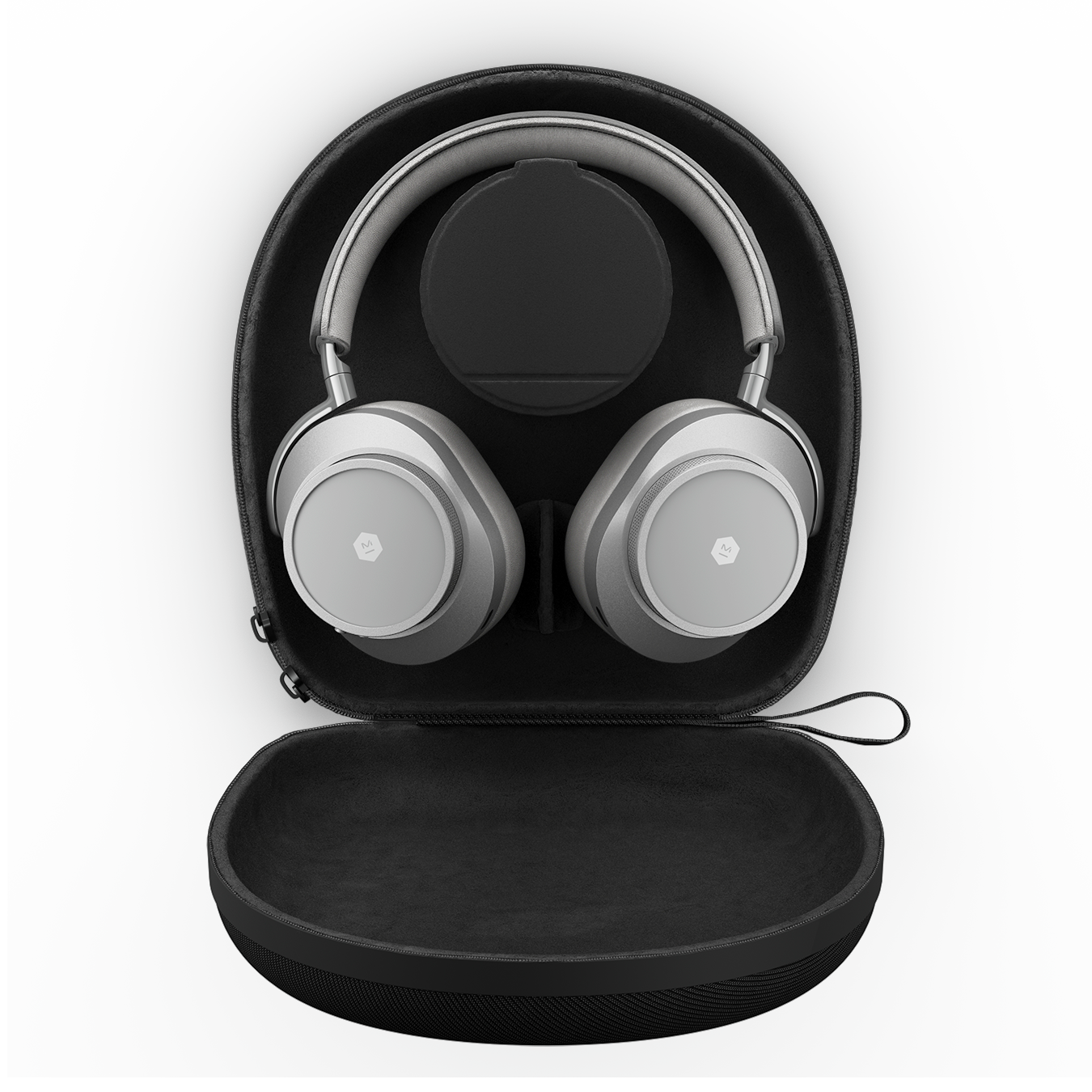 Silver and grey MW75 Active Noise-Cancelling Headphones shown inside an open black hard shell carrying case with black accessories container | gallery MW75S3