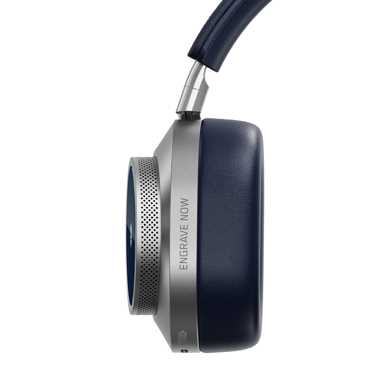 Close-up of silver and navy MW75 Active Noise-Cancelling Headphones showing ear cup with custom engraving that reads "ENGRAVE NOW" | gallery MW75S4