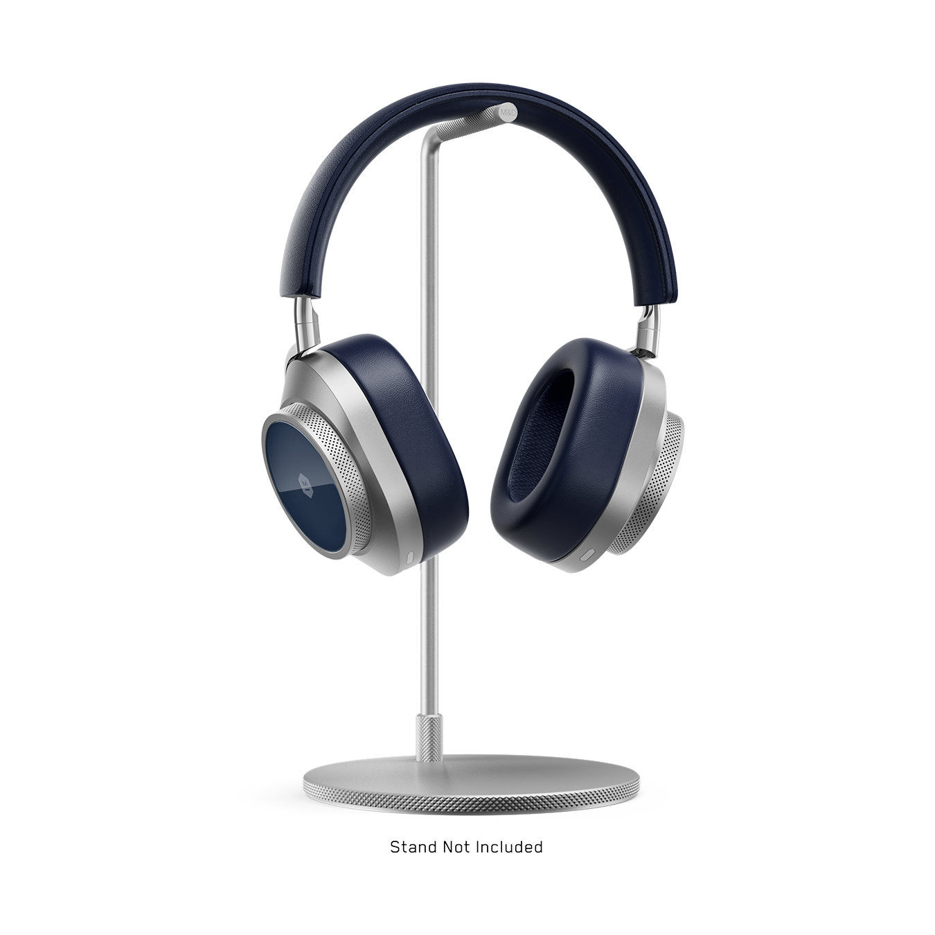 Silver and navy MW75 Active Noise-Cancelling Headphones placed on a silver headphone stand | gallery MW75S4