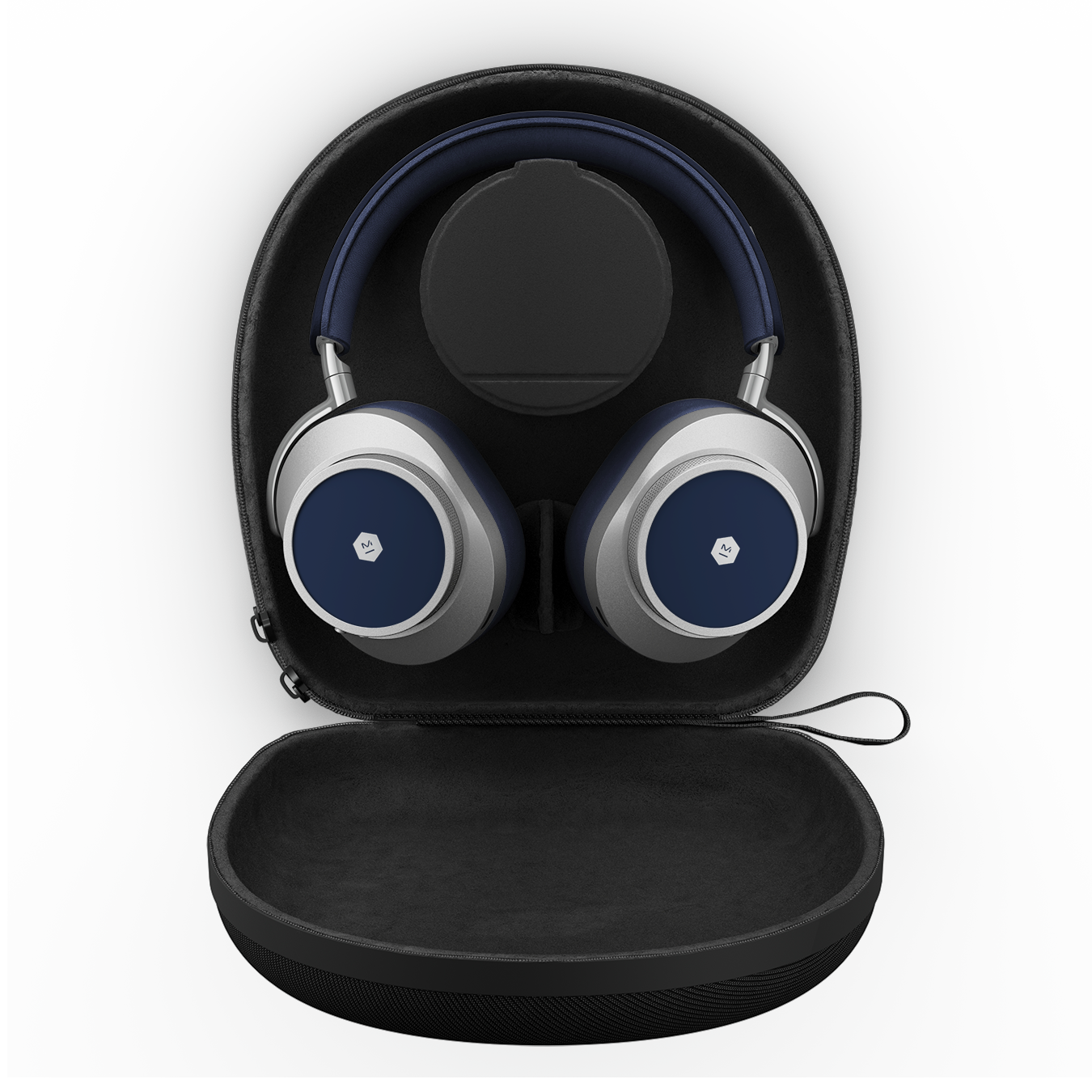 Silver and navy MW75 Active Noise-Cancelling Headphones shown inside an open black hard shell carrying case with black accessories container | gallery MW75S4