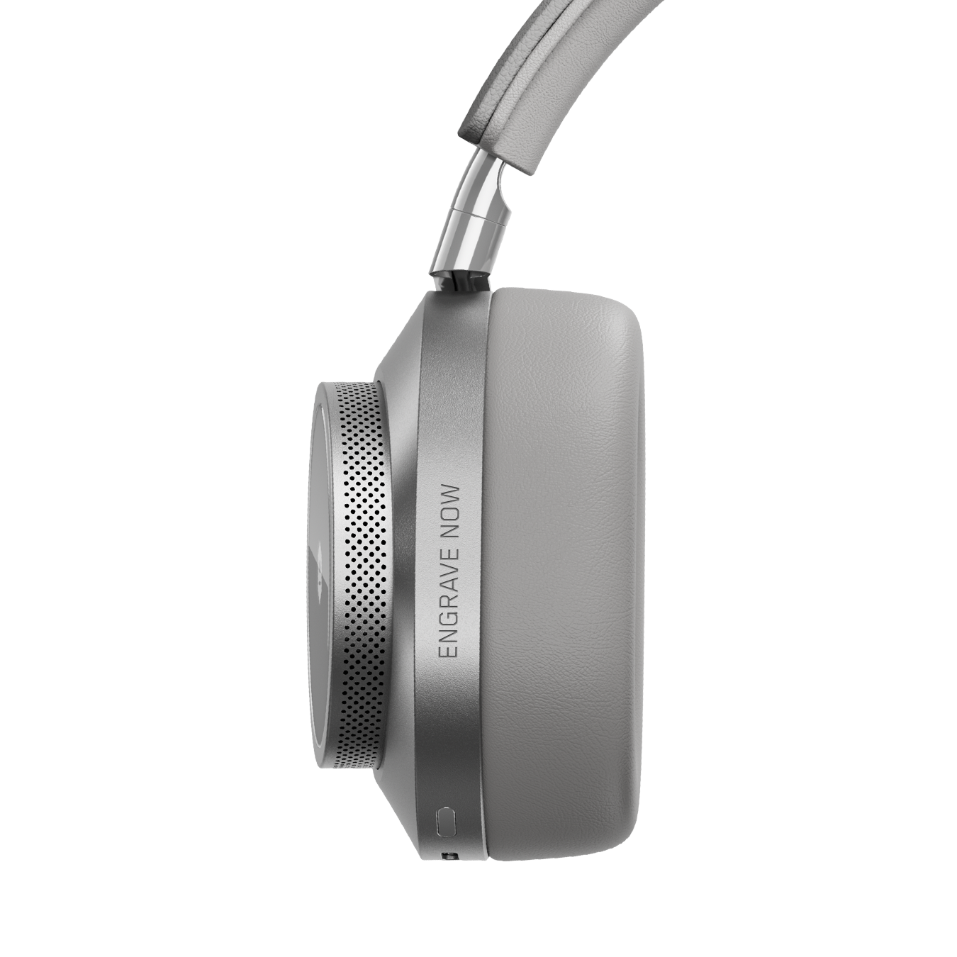 Close-up of silver and grey MW75 Active Noise-Cancelling Headphones showing ear cup with custom engraving that reads "ENGRAVE NOW" | gallery MW75S3