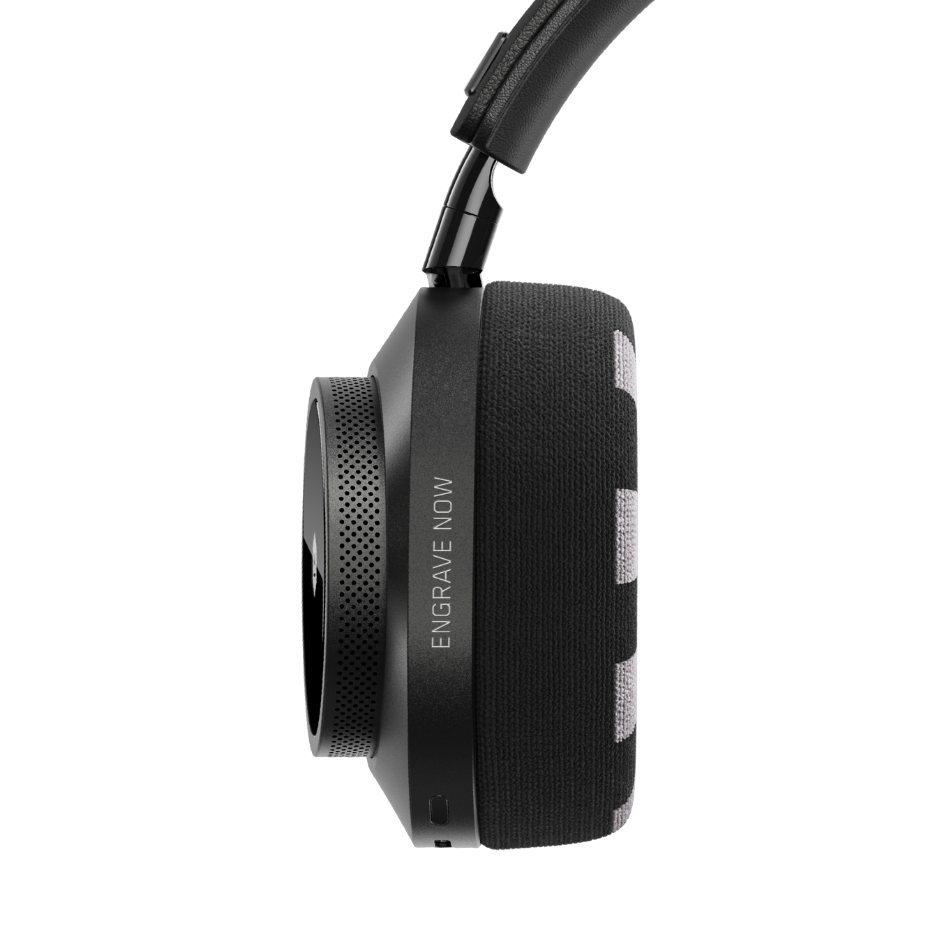 Close-up of black MW75 Neuro EEG Active Noise-Cancelling Headphones showing ear cup and EEG ear pad with custom engraving that reads "ENGRAVE NOW" | gallery MW75B-Neuro