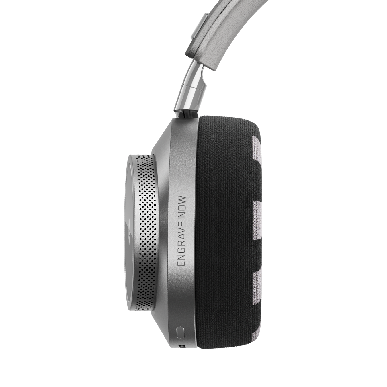 Close-up of silver MW75 Neuro EEG Active Noise-Cancelling Headphones showing ear cup and EEG ear pad with custom engraving that reads "ENGRAVE NOW" | gallery MW75S-Neuro