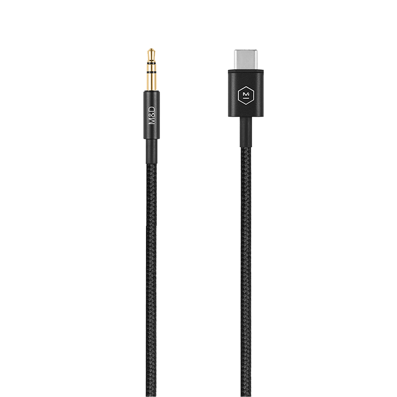 Close-up of a black braided USB-C to 3.5mm audio cable | gallery RP05001BLK