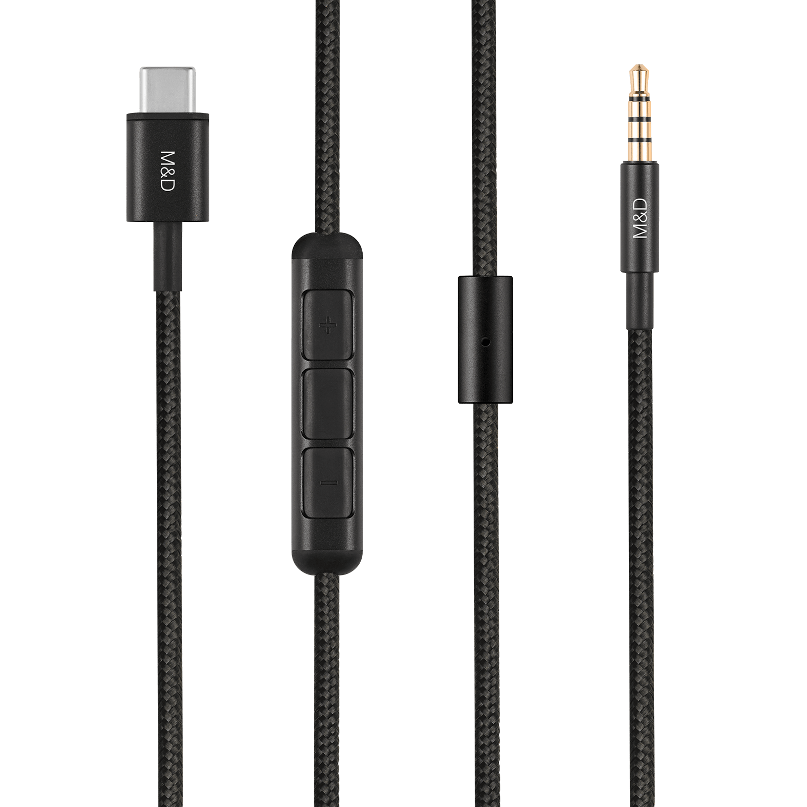 Close-up of a black braided USB-C to 3.5mm audio cable with controls, inline microphone, and a 3.5mm headphone jack | gallery USBC-CRDBLK