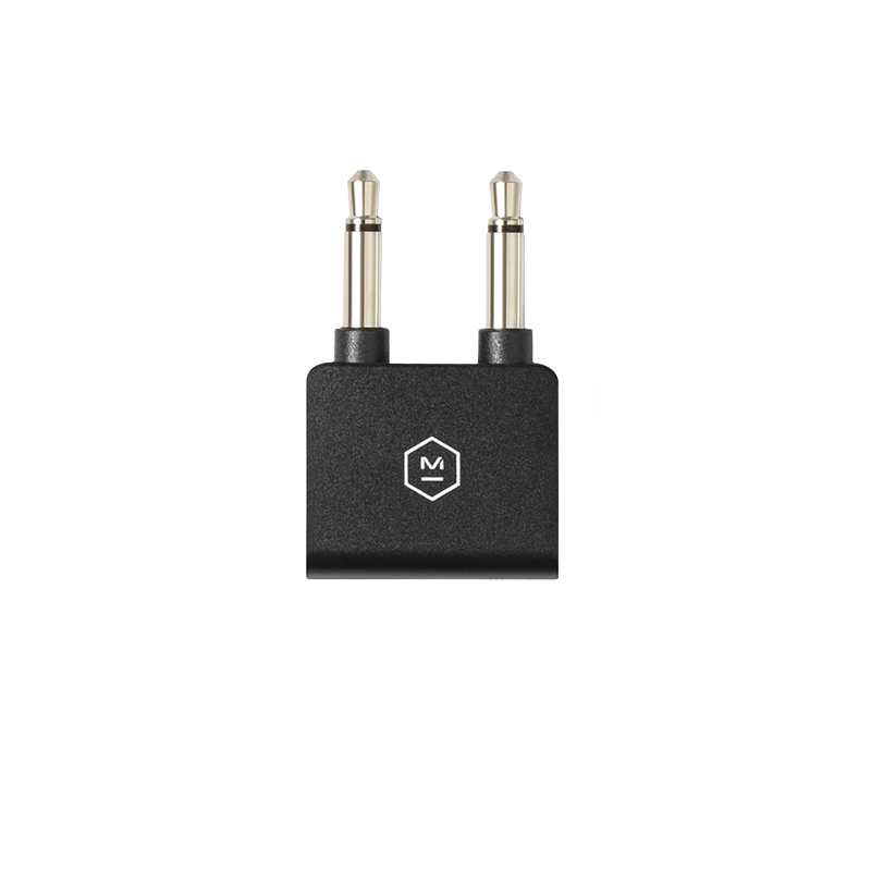 Close-up of a black two-prong airplane audio adapter | gallery RP07001BLK