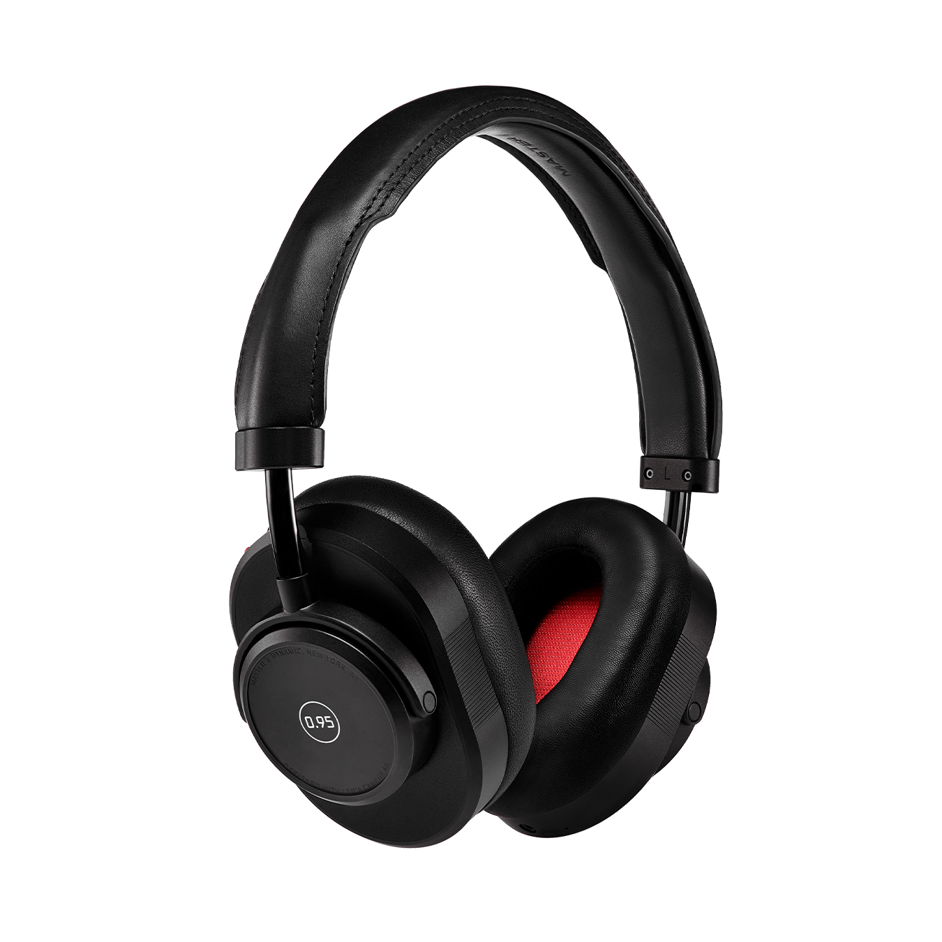 Black leather and metal MW65 Wireless headphones with Leica 0.95 logo on the ear cup and red inner ear pads | 