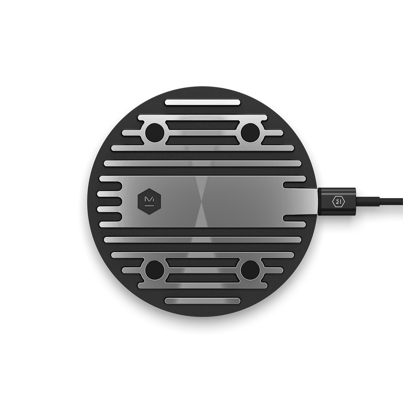 View of the bottom of a gunmetal MC100 Wireless Charge Pad's cast aluminum base | gallery MC100G1