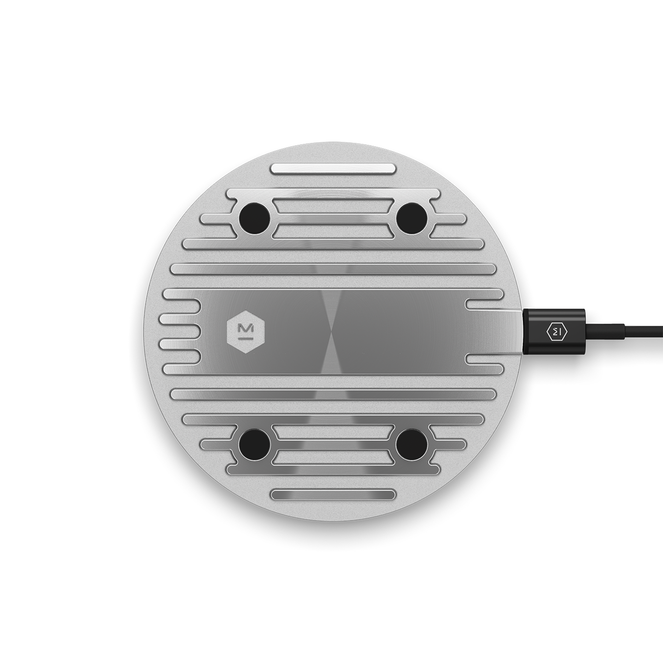 View of the bottom of a silver MC100 Wireless Charge Pad's cast aluminum base | gallery MC100S3