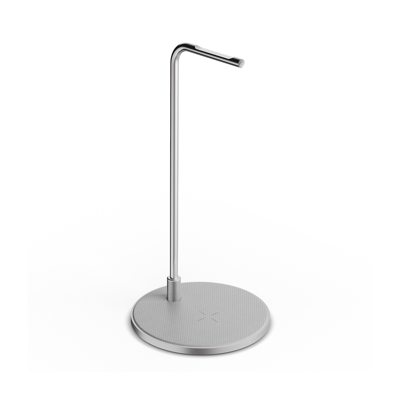 Silver metal MC300 Wireless Charge Pad and Headphone Stand on a white background | gallery MC300S3