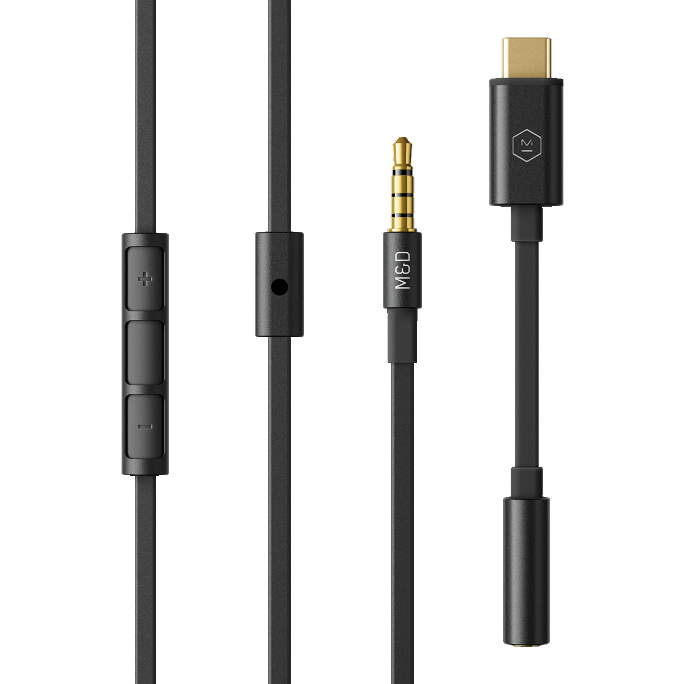 Close up of wired black and gold ME05 Earphones' cable including control panel, microphone, 3.5mm plug and USB-C adapter | gallery ME05GD-MK2