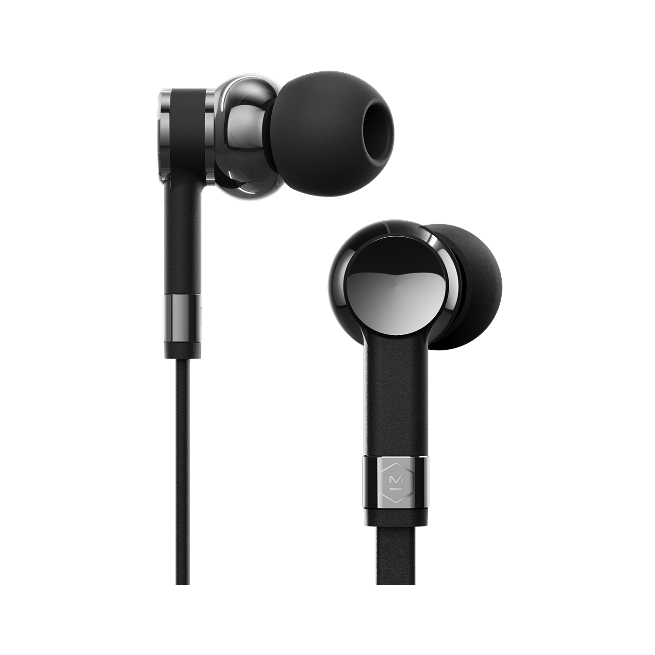Wired gunmetal and black ME05 Earphones, one facing sideways, one facing the camera against a white background | gallery ME05GM-MK2
