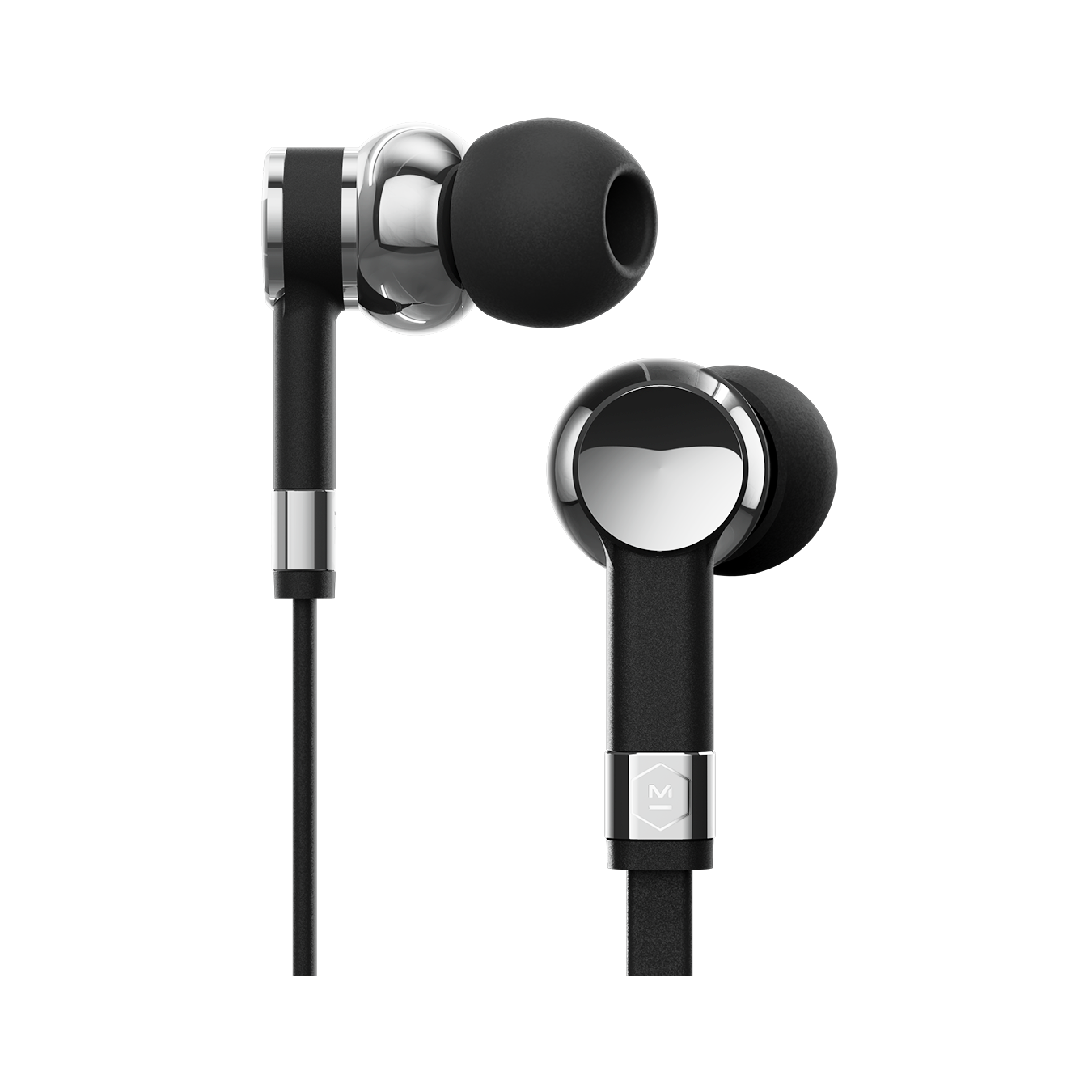 Wired palladium and black ME05 Earphones, one facing sideways, one facing the camera against a white background | gallery ME05PD-MK2