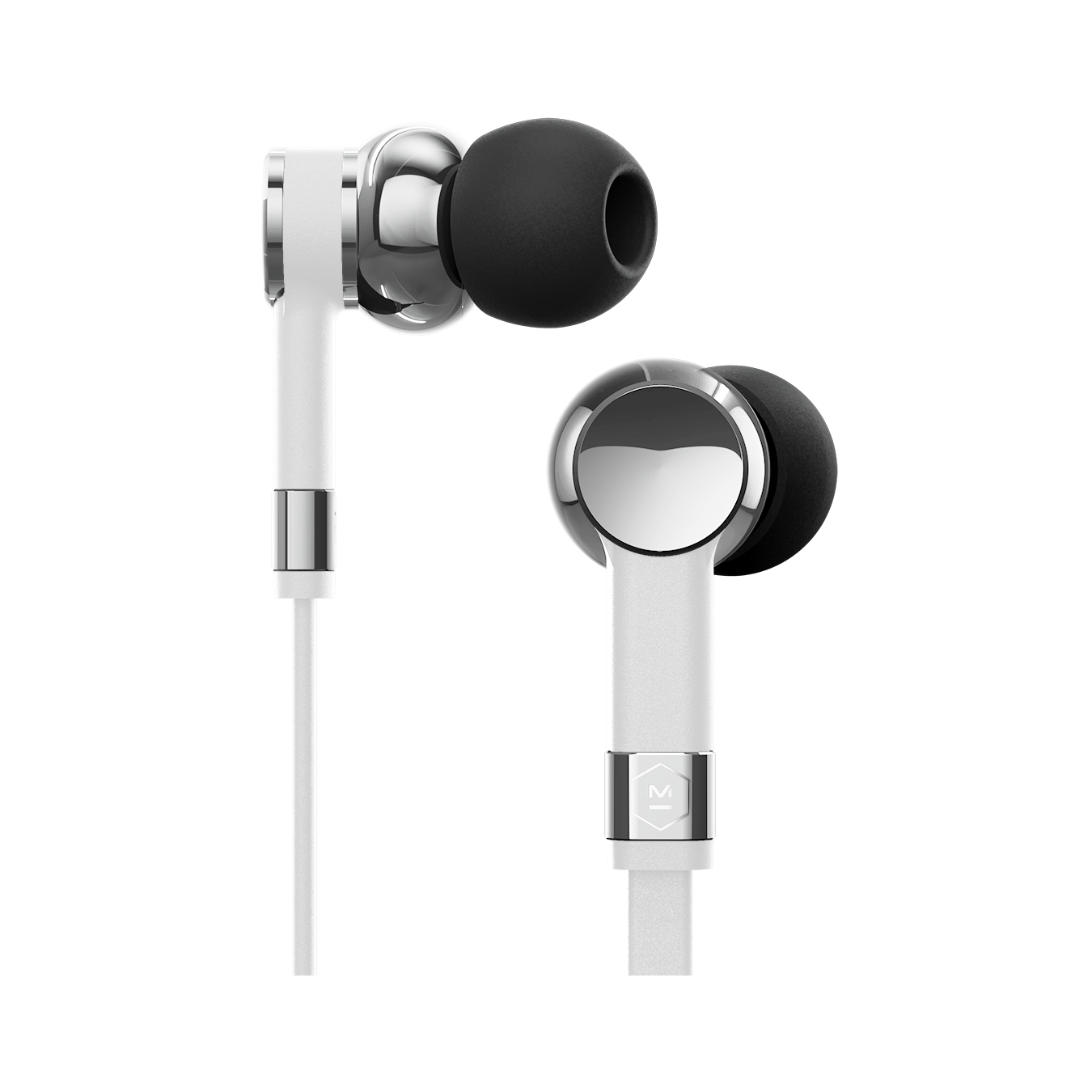 Wired palladium and white ME05 Earphones, one facing sideways, one facing the camera against a white background | gallery ME05WT-MK2