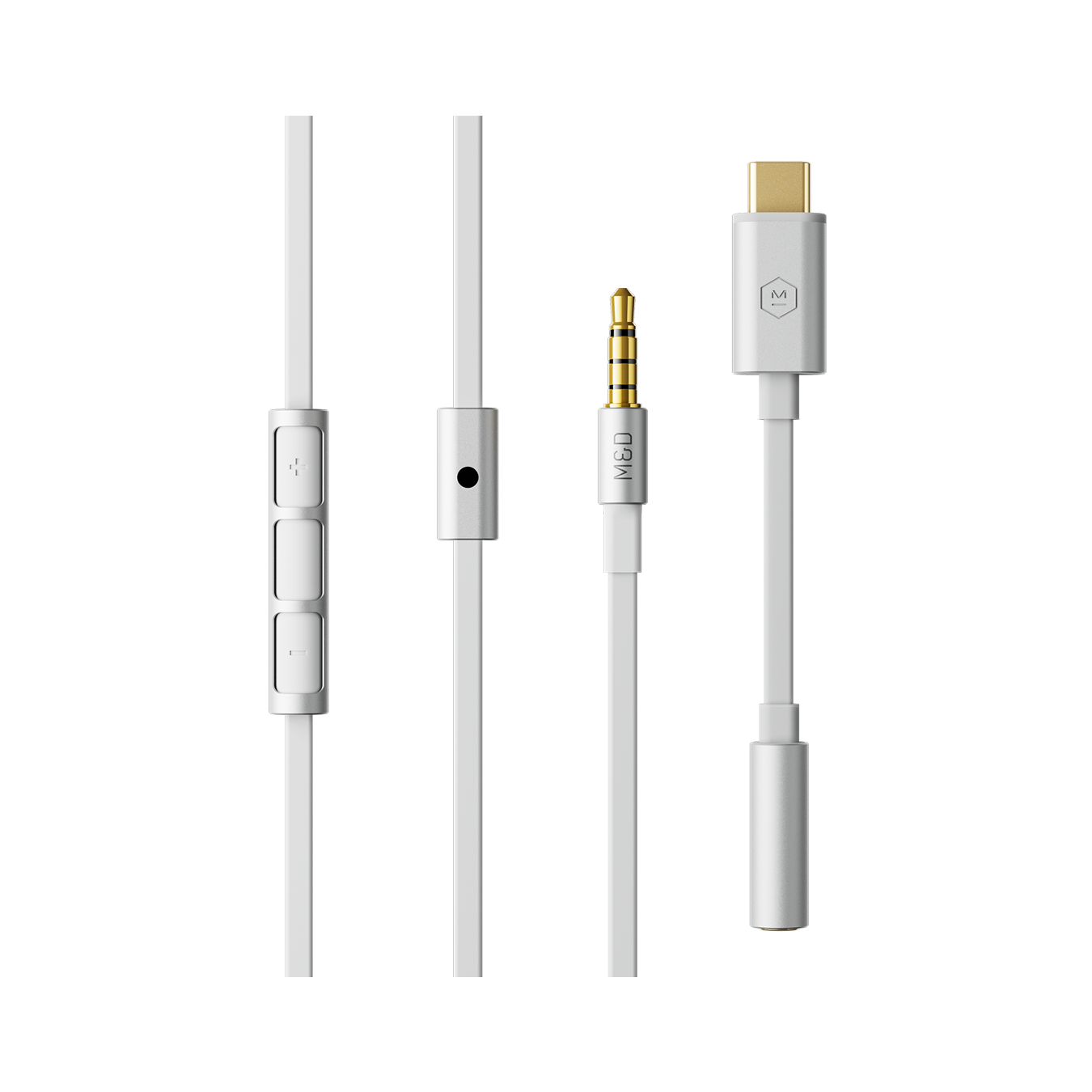 Close up of wired palladium and wired ME05 Earphones' cable including control panel, microphone, 3.5mm plug and USB-C adapter | gallery ME05WT-MK2