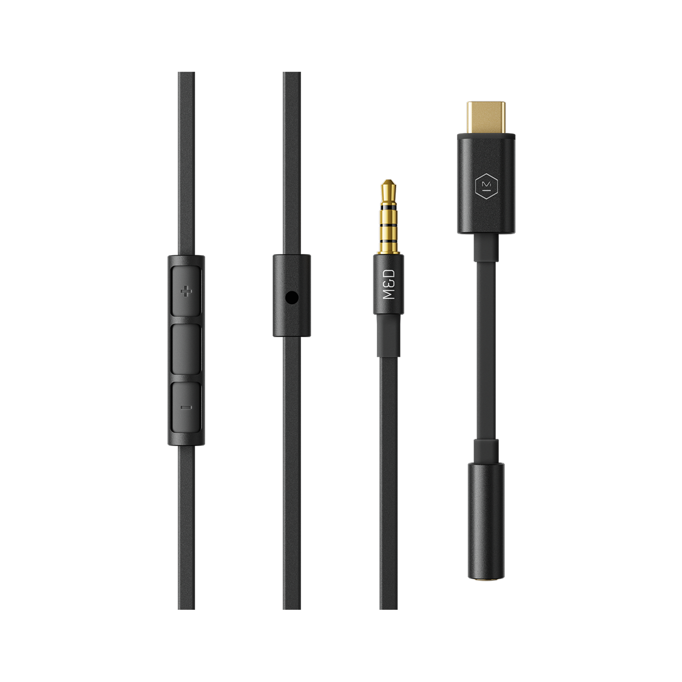 Close up of wired palladium and black ME05 Earphones' cable including control panel, microphone, 3.5mm plug and USB-C adapter | gallery ME05PD-MK2