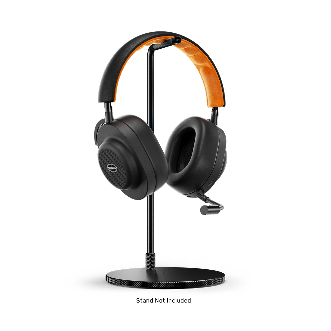 Black and orange BUGATTI MG20 Wireless Gaming Headphones with detachable boom microphone placed on a black headphone stand. | gallery MG20BGT1