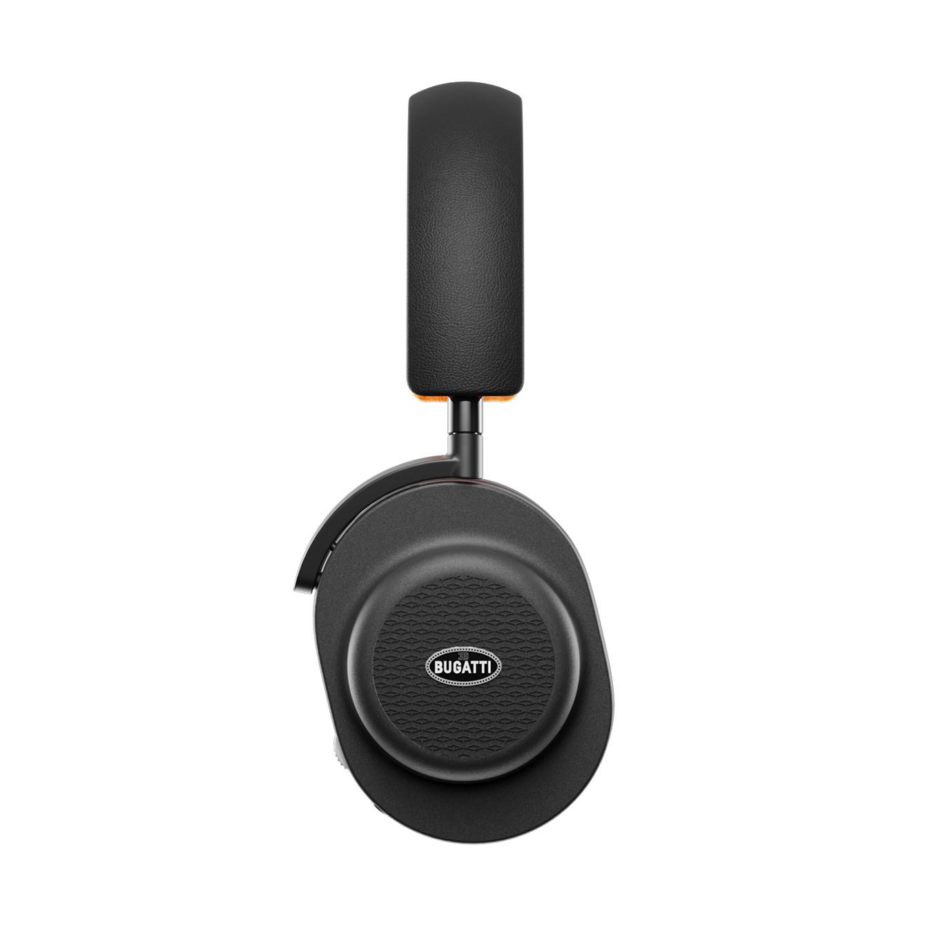 Side view of black and orange BUGATTI MG20 Wireless Gaming Headphones showing headband and magnesium ear cup | gallery MG20BGT1