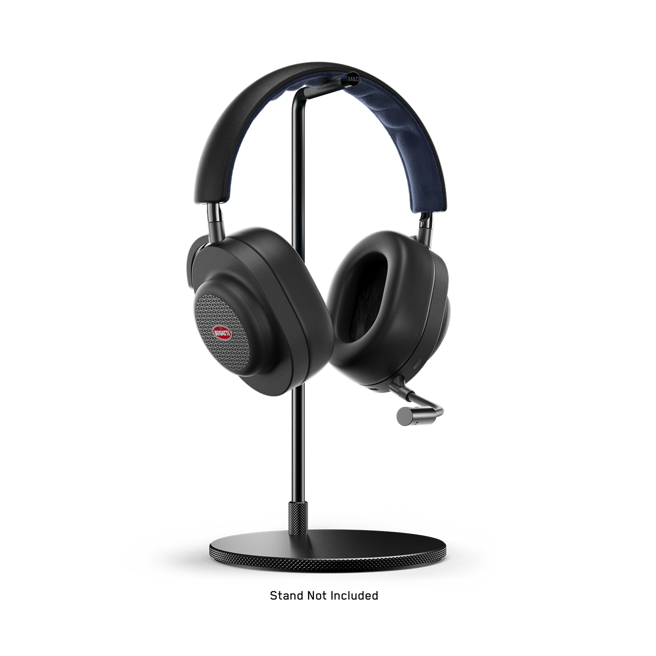 Black BUGATTI MG20 Wireless Gaming Headphones with detachable boom microphone placed on a black headphone stand. | gallery MG20BGT2