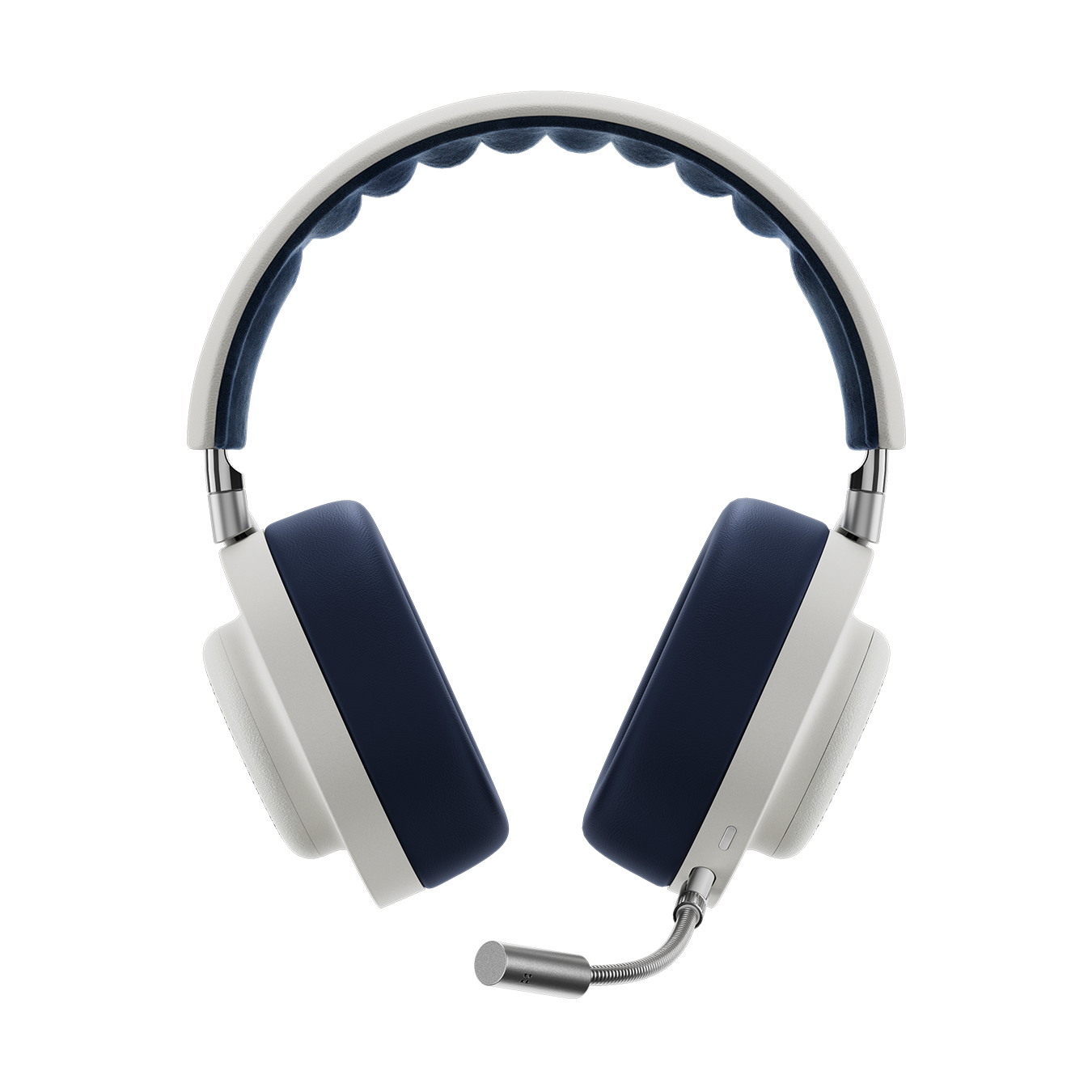 Front view of white and navy BUGATTI MG20 Wireless Gaming Headphones with detachable boom microphone showing inner alcantara headband | gallery MG20BGT3